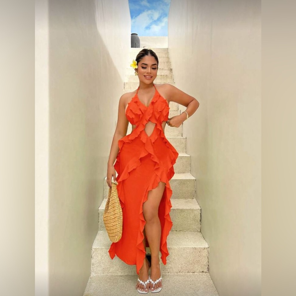 Elegant Orange Ruffle Dress